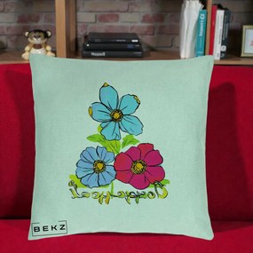 Perna Decorativa Trei Flori Grafice Pop Art, 40x40 cm, Verde Menta, Husa Detasabila, Perna Inclusa, BEKZ®