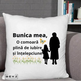 Cadou pentru Bunica - Perna Personalizata Bunica Mea Comoara Iubire Intelepciune Varianta Extinsa, 40x40 cm, Alb Pufos, Husa Detasabila, Perna Inclusa, BEKZ®