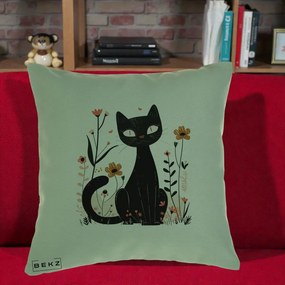 Perna Decorativa Pisica Neagra Flori Pastel Folk, 40x40 cm, Verde, Husa Detasabila, Perna Inclusa, BEKZ®