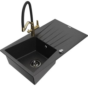 Mexen Cesar chiuvetă de granit cu o cuvă cu scurgător și baterie de bucătărie Duo, negru/metalic argintiu - 6514-73-671701-57-B