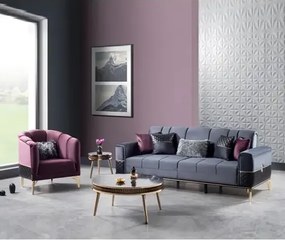 Canapea extensibila cu 3 locuri living – stofa gri, detalii aurii – Extra