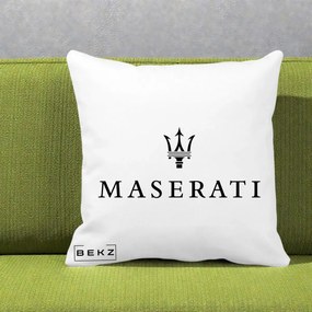 Perna Personalizata cu emblema Maserati, 40x40 cm, Alba Mata, Husa Detasabila, Perna Inclusa, BEKZ®