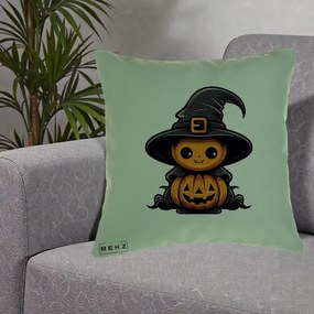Perna Decorativa Halloween Dovleac Vrajitor Kawaii, 40x40 cm, Verde, Husa Detasabila, Perna Inclusa, BEKZ®