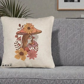 Perna Decorativa Fata Ciuperca Florala Boho, 40x40 cm, Bej Canapea, Husa Detasabila, Perna Inclusa, BEKZ®