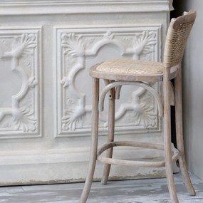 Scaun de bar cu spătar cannage din lemn de hevea și ratan, natur, cu arcuri și suport inelar pentru picioare, 103 x 51,5 x 43,5 cm, „Old French”