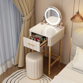 Set Seraphine, Masă de toaletă pentru machiaj, minimalistă, cu oglindă iluminată LED, control touch, sertar și taburet, Bej