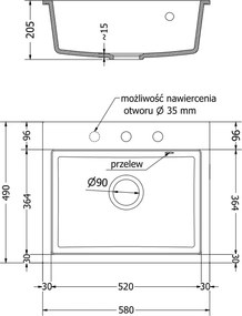 Mexen Oscar chiuvetă granit 1-cu-vadru 580 x 490 mm, bej, sifon auriu - 6519581000-69-G