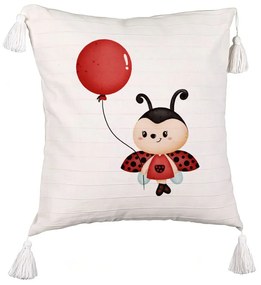 Perna Decorativa cu Franjuri, Model Buburuza cu Balon, 45x45 cm, Ecru, Cu fermoar