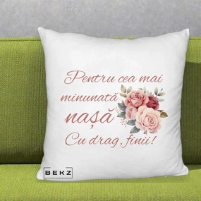 Cadou pentru Nasa - Perna Personalizata Pentru Cea mai Minunata Nasa Cu drag Finii, 40x40 cm, Alb Pufos, Husa Detasabila, Perna Inclusa, BEKZ®