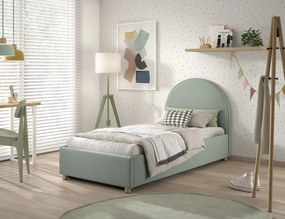 Pat tapițat pentru copii MOON, 90 x 200 cm, verde, cu țesătură bouclé și spațiu de depozitare – Vipack