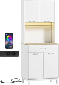 HOMCOM Credență Modernă cu Lumini, Prize USB, 2 Dulapuri și Sertar Alb | Aosom Romania