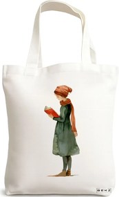 Sacosa de Panza pentru Cumparaturi, Geanta Tote, model The bookie girl 27 38 x 34.5 cm, Alba, BEKZ®