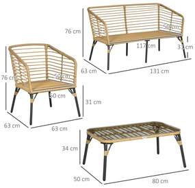 Outsunny Set Mobilier de Grădină din Ratan cu Canapea, 2 Fotolii cu Perne și Măsuță, 131x63x76 cm, Gri Închis | Aosom Romania