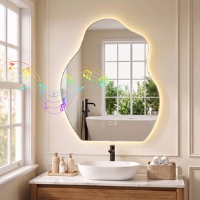 HOMCOM Oglindă baie LED 80 x 60 cm, 3 culori, design neregulat, Bluetooth, antiaburire, touch | Aosom Romania