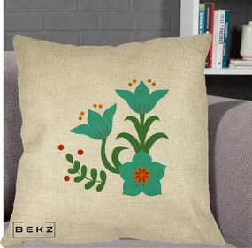 Perna Decorativa Flori Stilizate Folk Turcoaz, 40x40 cm, Crem, Husa Detasabila, Perna Inclusa, BEKZ®
