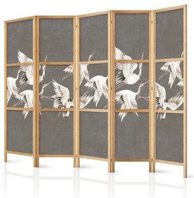Paravan japonez - Ornament with cranes - bright bird silhouettes on a textured grey background