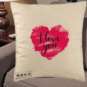 Cadou Romantic - Perna Personalizata I Love You Inima Roz, 40x40 cm, Bej, Husa Detasabila, Perna Inclusa, BEKZ®