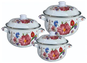 Set 3 oale cu capac emailat Rosberg R54518H3, 6 pise, Emailate, Alb/imprimeu floral