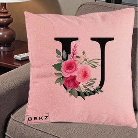 Cadou Personalizat - Perna Personalizata Monograma Florala Litera U, 40x40 cm, Roz, Husa Detasabila, Perna Inclusa, BEKZ®