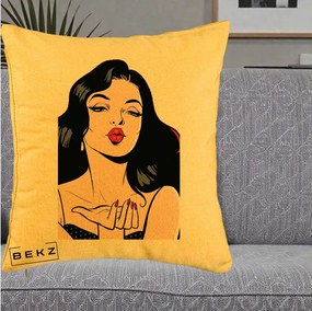 Perna Decorativa Femeie Pop-Art Kiss, 40x40 cm, Galben, Husa Detasabila, Perna Inclusa, BEKZ®