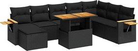 vidaXL Set mobilier grădină perne 9 piese negru poliratan/lemn acacia