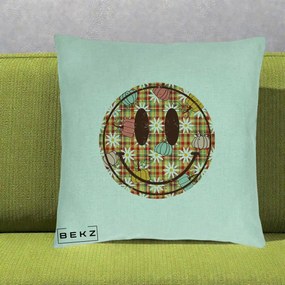 Perna Decorativa Smiley Face de Toamna cu Tartan si Dovlecei, 40x40 cm, Verde Menta, Husa Detasabila, Perna Inclusa, BEKZ®