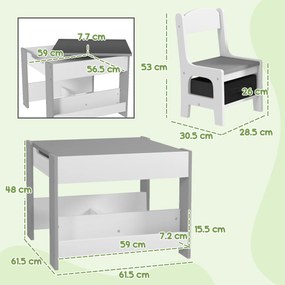 HOMCOM Set de Masă și Scaun pentru Copii, Set de Birou și Scaun pentru Copii 2-în-1 cu Tablă și Rafturi pentru Cărți, 61.5x61.5x48 cm, Gri | Aosom Romania