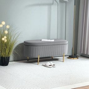 HOMCOM Bancă de Depozitare pentru Intrare Ovală 72L cu Design Scanalat, Capac Ridicabil și Șezut Capitonat, Bancă de la Capătul Patului Pouf în Catifea și Picioare de Lemn de Pin, 108x44x43.5 cm, Gri | Aosom Romania