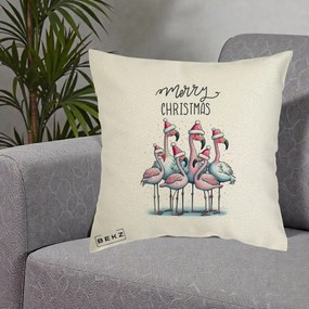 Perna Decorativa Flamingo Merry Christmas, 40x40 cm, Ecru, Husa Detasabila, Perna Inclusa, BEKZ®