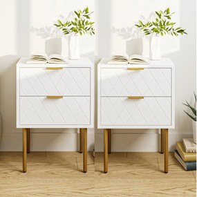 NOA41 - Set 2 Noptiere albe 40 cm, cu 2 sertare, dormitor - Alb-Auriu