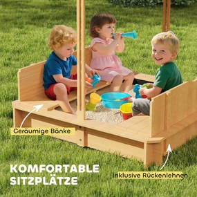 Outsunny Cutie de nisip 106x106 cm pentru copii, din lemn, cu acoperiș reglabil, bănci și spătare Maro deschis | Aosom Romania