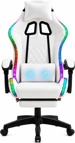 Scaun gaming, sistem iluminare bandă LED RGB, masaj în perna lombară, suport picioare, Alb