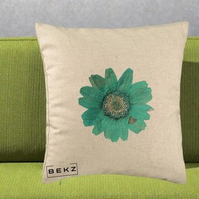 Perna Decorativa Floare Gerbera Teal Acuarela, 40x40 cm, Bej, Husa Detasabila, Perna Inclusa, BEKZ®