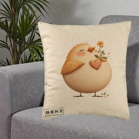 Perna Decorativa Pui cu Inima si Floarea-Soarelui, 40x40 cm, Bej, Husa Detasabila, Perna Inclusa, BEKZ®