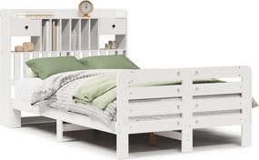 vidaXL Pat cu bibliotecă fără saltea, alb, 135x190 cm, lemn masiv pin