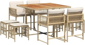 vidaXL Set de masă pentru grădină, 9 piese, cu perne, bej, poliratan