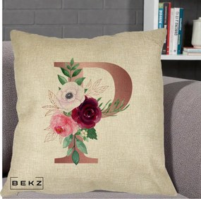 Cadou Personalizat - Perna Personalizata Monograma Rose Gold Litera P, 40x40 cm, Crem, Husa Detasabila, Perna Inclusa, BEKZ®