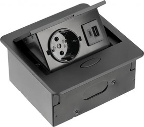 Priză încorporabilă în blat Avaro GTV, 1 priză Schuko, USB A + C, negru Aluminiu/ plastic, Negru