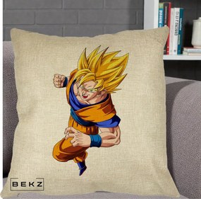 Perna Personalizata Dragon Ball Goku Super Saiyan 2 Lupta, 40x40 cm, Crem, Husa Detasabila, Perna Inclusa, BEKZ®