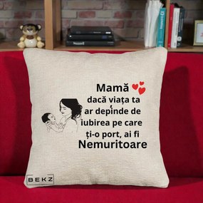 Cadou pentru Mama - Perna Personalizata Mama Nemuritoare Imbratisare Copil, 40x40 cm, Bej Canapea, Husa Detasabila, Perna Inclusa, BEKZ®