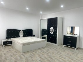 Dormitor Viena, culoare alb / negru, cu pat tapitat 160 x 200 cm, dulap cu 2 usi, comoda cu oglinda, 2 noptiere si saltea