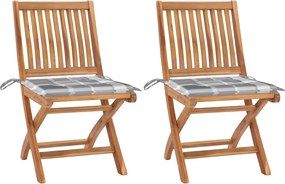 vidaXL Scaune grădină, perne gri model carouri, 2 buc., lemn masiv tec