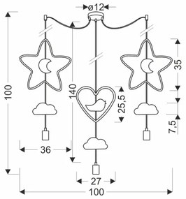 Lustră pentru copii pe cablu TRIO 3xE27/20W/230V, galben/albastru/gri