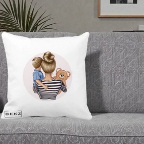 Cadou pentru Mama - Perna Personalizata Mama si Baietelul cu Ursulet, 40x40 cm, Alba Mata, Husa Detasabila, Perna Inclusa, BEKZ®