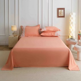Lenjerie pat dublu, Inimi Brodate, 6 Piese, Finet Premium - Peach