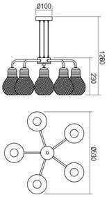 Redo 01-1580 - Candelabru suspendat pe cablu EDISON, 5x E27 / 42W / 230V, Ø 53 cm, negru/cupru