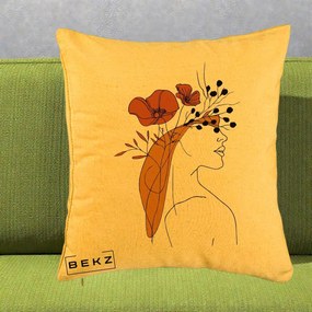 Perna Decorativa Portret Feminin Maci Rosii Auriu, 40x40 cm, Galben, Husa Detasabila, Perna Inclusa, BEKZ®