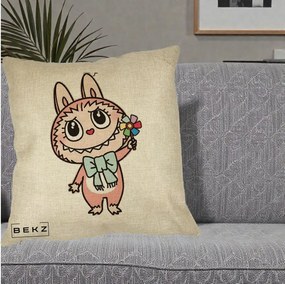 Perna Personalizata Labubu Roz cu Morisca, 40x40 cm, Crem, Husa Detasabila, Perna Inclusa, BEKZ®