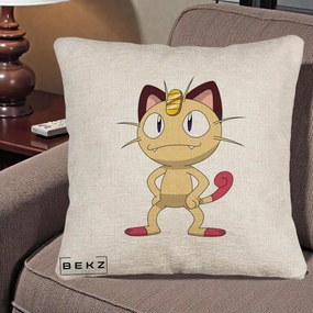 Perna Personalizata Meowth Pokemon, 40x40 cm, Bej Canapea, Husa Detasabila, Perna Inclusa, BEKZ®