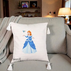 Perna Personalizata Printesa Albastra cu Pasare, 40x40 cm, Bej cu Franjuri, Husa Detasabila, Perna Inclusa, BEKZ®